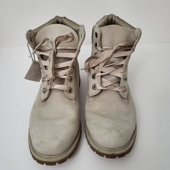 TIMBERLAND Boots Womens 9.5 6 Inch Premium Waterproof Leather Taupe Beige - Picture 3 of 12